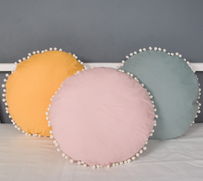 Round Pillow With Pom Poms 16 Diameter Removable Cover Etsy UK