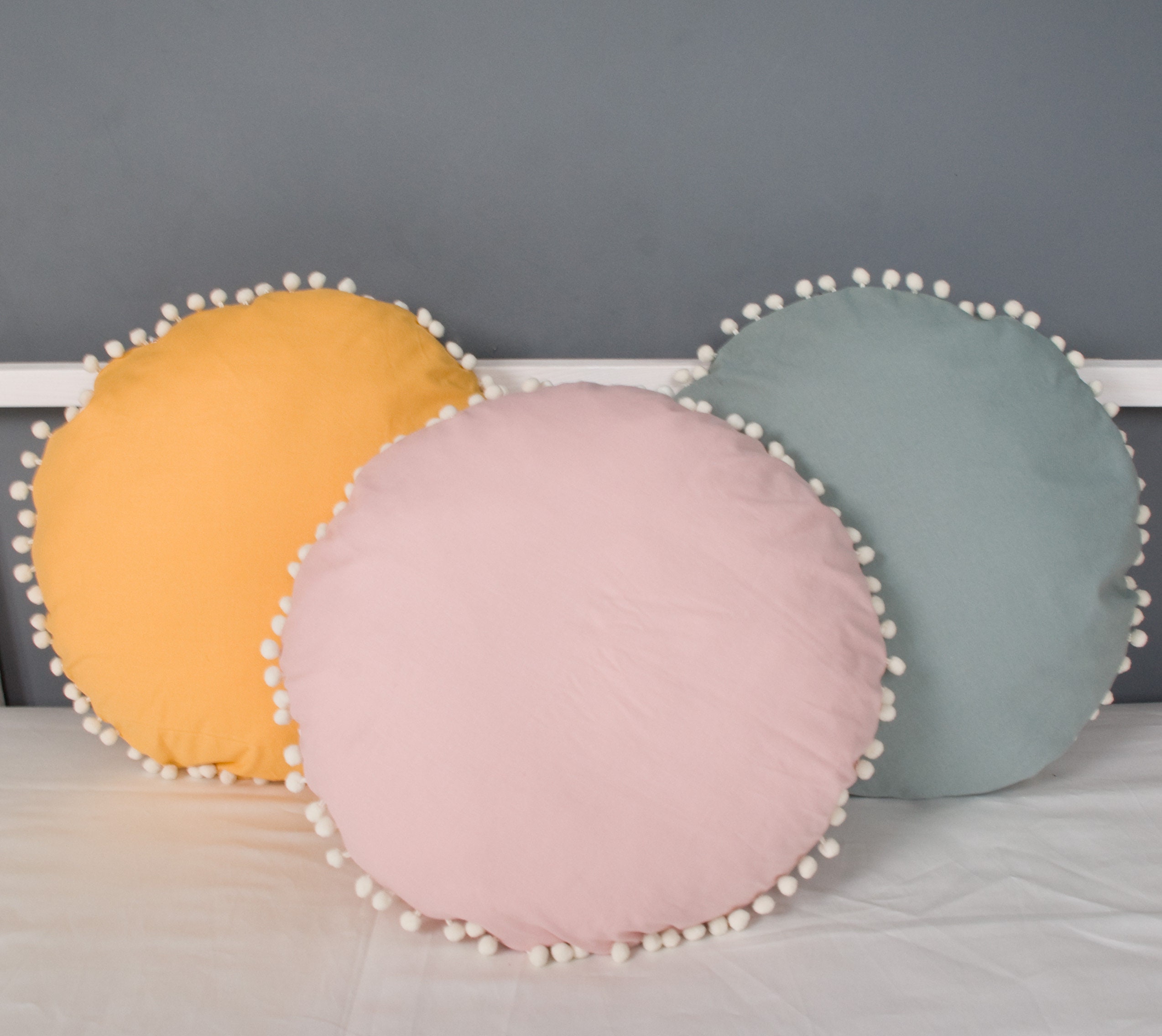 Round pillow with pom poms 16 diameter removable cover Etsy