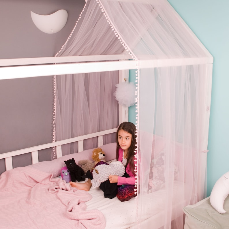 Pink Tulle CANOPY With POM POMS for the Frame Bed Montessori Etsy