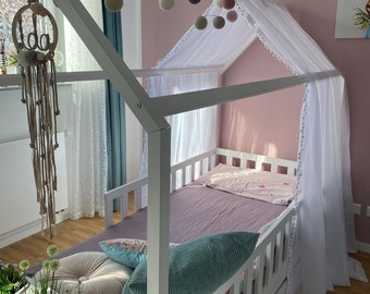 Voile CANOPY para el marco de la casa Montessori cama baldachin canopy play piso blanco colgante casa cama cortina decoración hecha a mano estilo tipi