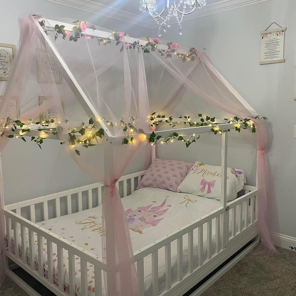 Pink Montessori House bed CANOPY baldachin bed canopy play floor bed canopy hanging house curtain decor handmade princess teepeestyle