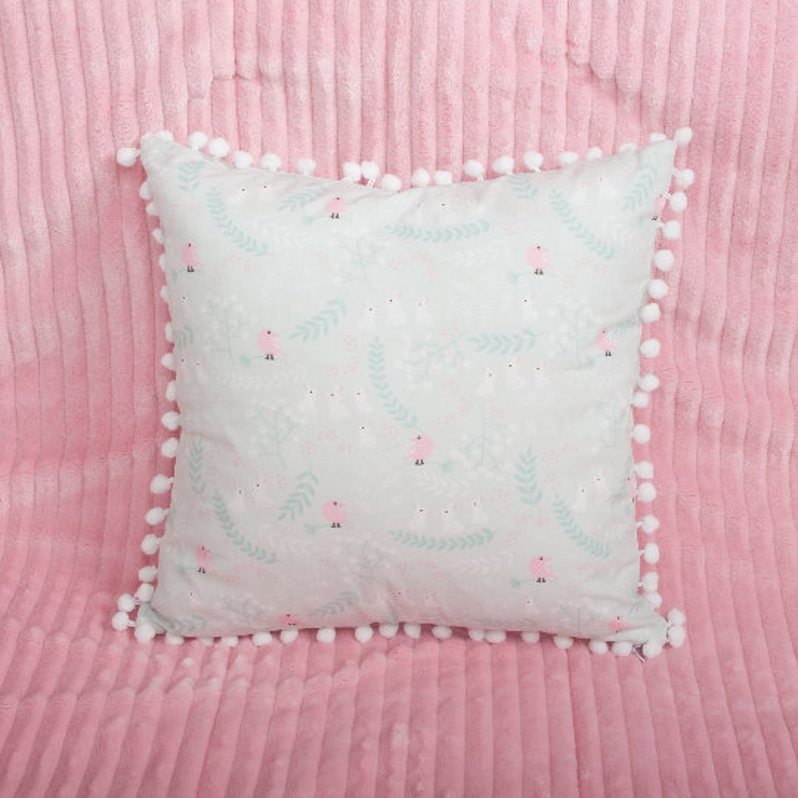 Round pillow with pom poms 16 diameter removable cover Etsy