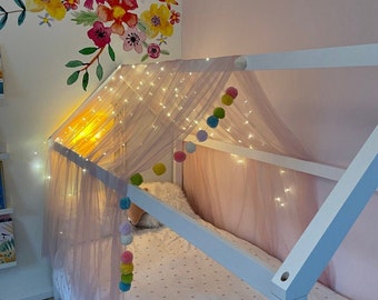 Montessori House lit CANOPY baldaquin lit baldaquin jouer plancher lit baldaquin suspendu auvent maison lit rideau décor fait à la main princesse tipistyle