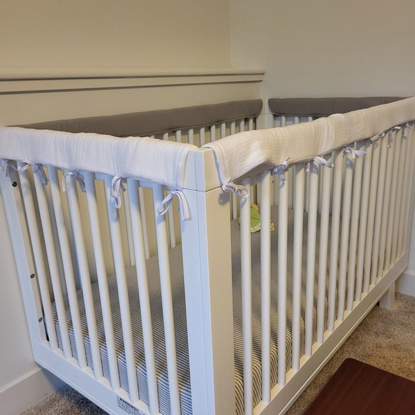 Muslin Baby cot rail Cover crib rails Teething guard padded rail cover Baby Crib Rails protection baby teeth solid gray white baby linen