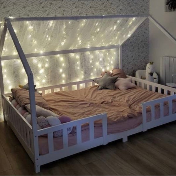 Auvent en tulle pour le lit cadre sans planche de barre avant Montessori baldaquin auvent jouer au sol suspendu maison lit rideau décor style fait à la main