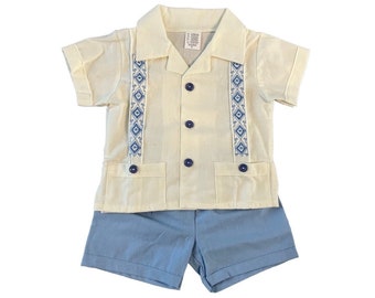 Light Yellow Mexican Baby Toddler Boy Guayabera Outfit Light Yellow Shirt and Light Blue Shorts Outfit Embroidered Handmade Different Sizes