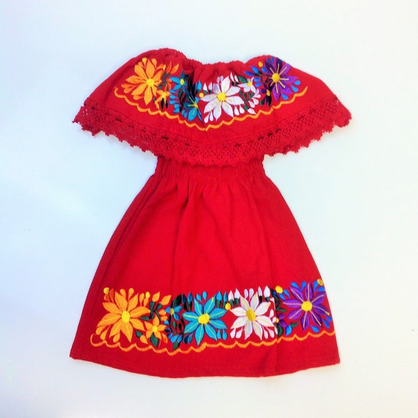 Red Mexican Baby Toddler Dress Embroidered Handmade Different Sizes Red Dress with Flowers