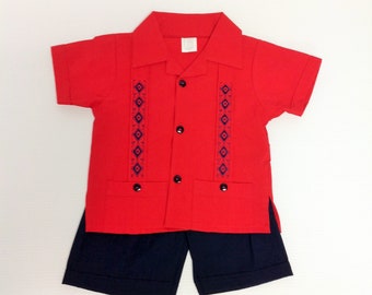Mexican Baby Toddler Boy Guayabera Outfit Red and  Navy Outfit Embroidered Handmade Shirt and Shorts Set