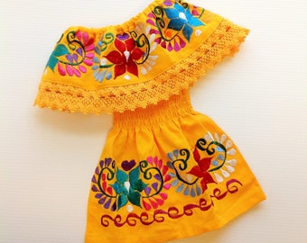 Vestido Bebe Mexicano Amarillo Bordado Hecho A Mano Diferentes Tallas