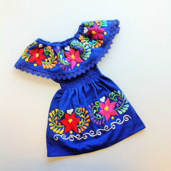 Vestido Azul Mexicano Para Bebe Niña Bordado Hecho A Mano Diferentes Tallas