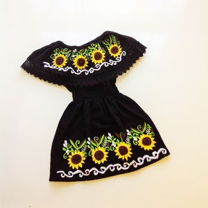 Black and Sunflowers Mexican Baby Toddler Dress Embroidered Handmade Different Sizes