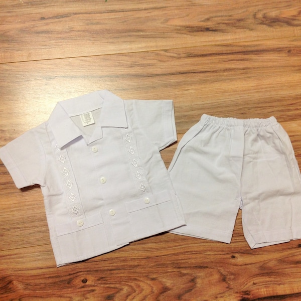 Mexican Baby Toddler Boy Guayabera Outfit White Outfit Embroidered Handmade Shirt and Shorts Set Different Sizes