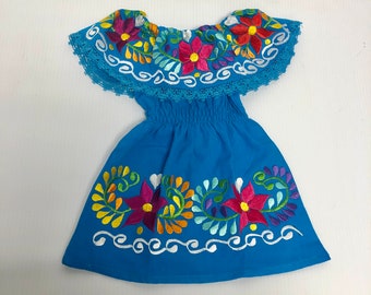 Turquoise Mexican Baby Toddler Girl Dress Embroidered Handmade Different Sizes 6mos. to 6 years