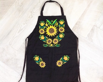 Embroidered Sunflowers Apron Mexican Apron Cooking Apron with a Pocket Chef Apron Unisex 2 Pockets