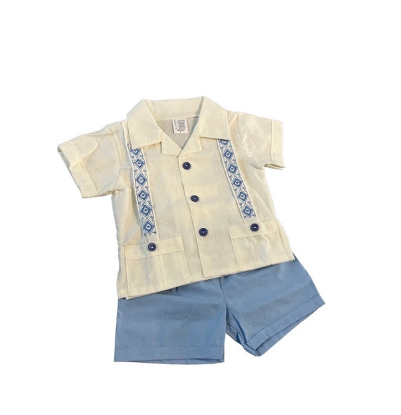 Mexican Baby Toddler Boy Guayabera Outfit Beige and Light Blue Shirt and  Navy Blue Shorts Outfit Embroidered Handmade Different Sizes