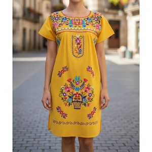 Women Mexican Dress Embroidered Handmade Different Sizes Tunic Style Black and/or Yellow
