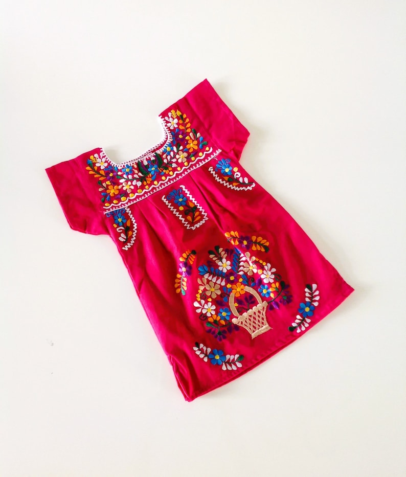 Mexican Baby/Toddler/Girl Dress Embroidered Handmade Different Sizes Tunic Style Hot Pink, Yellow, Royal Blue and Beige Pink
