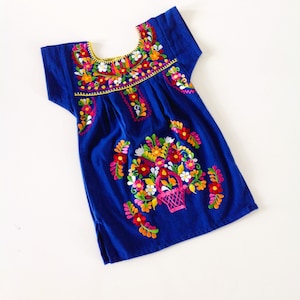 Mexican Baby/Toddler/Girl Dress Embroidered Handmade Different Sizes Tunic Style Hot Pink, Yellow, Royal Blue and Beige Royal Blue