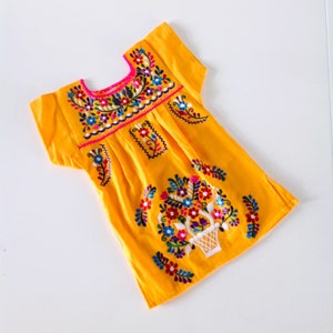 Mexican Baby/Toddler/Girl Dress Embroidered Handmade Different Sizes Tunic Style Hot Pink, Yellow, Royal Blue and Beige Yellow