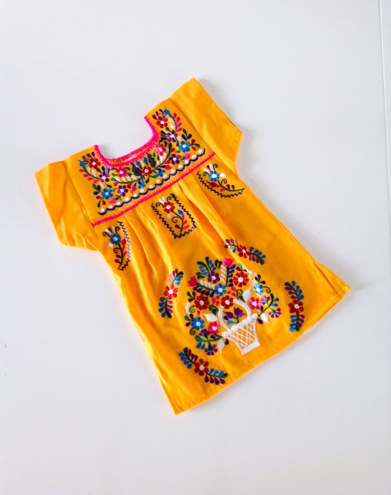 Mexican Baby/Toddler/Girl Dress Embroidered Handmade Different Sizes Tunic Style Hot Pink, Yellow, Royal Blue and Beige Yellow