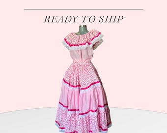 Pink Adult Mexican Sinaloa Dancing Dress - Size Large/Extra Large - Full Circle Skirt/Doble Vuelo - Ready to Ship