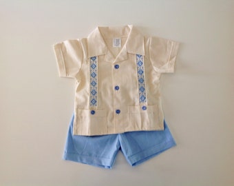 Mexican Baby Toddler Boy Guayabera Outfit Beige and Light Blue Shirt and Navy Blue Shorts Outfit Embroidered Handmade Different Sizes