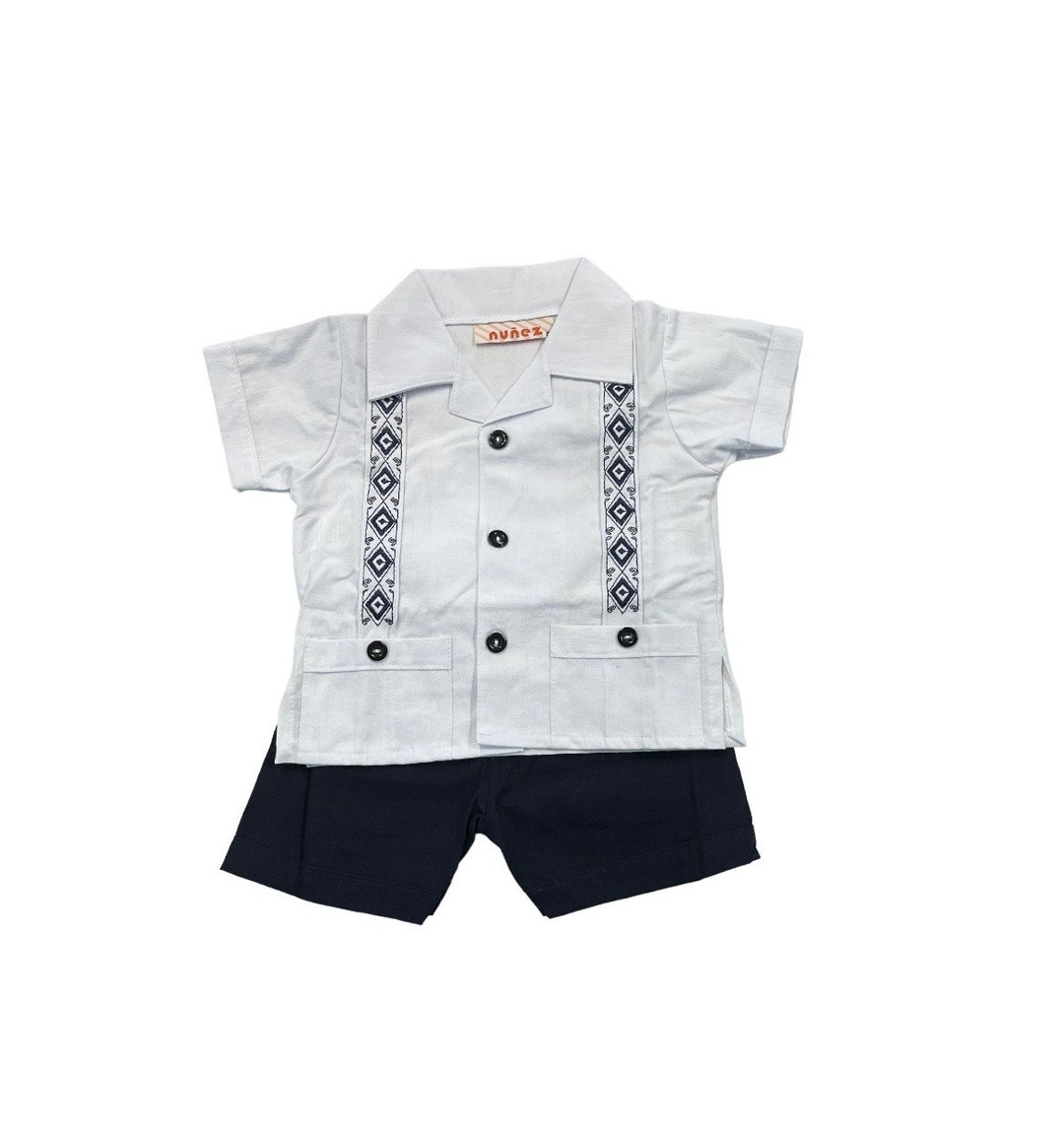 Mexican Baby Toddler Boy Guayabera Outfit White Shirt and Blue Shorts