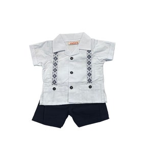 Mexican Baby Toddler Boy Guayabera Outfit White Shirt and Blue Shorts Outfit Embroidered Handmade Shirt and Shorts Set Different Sizes