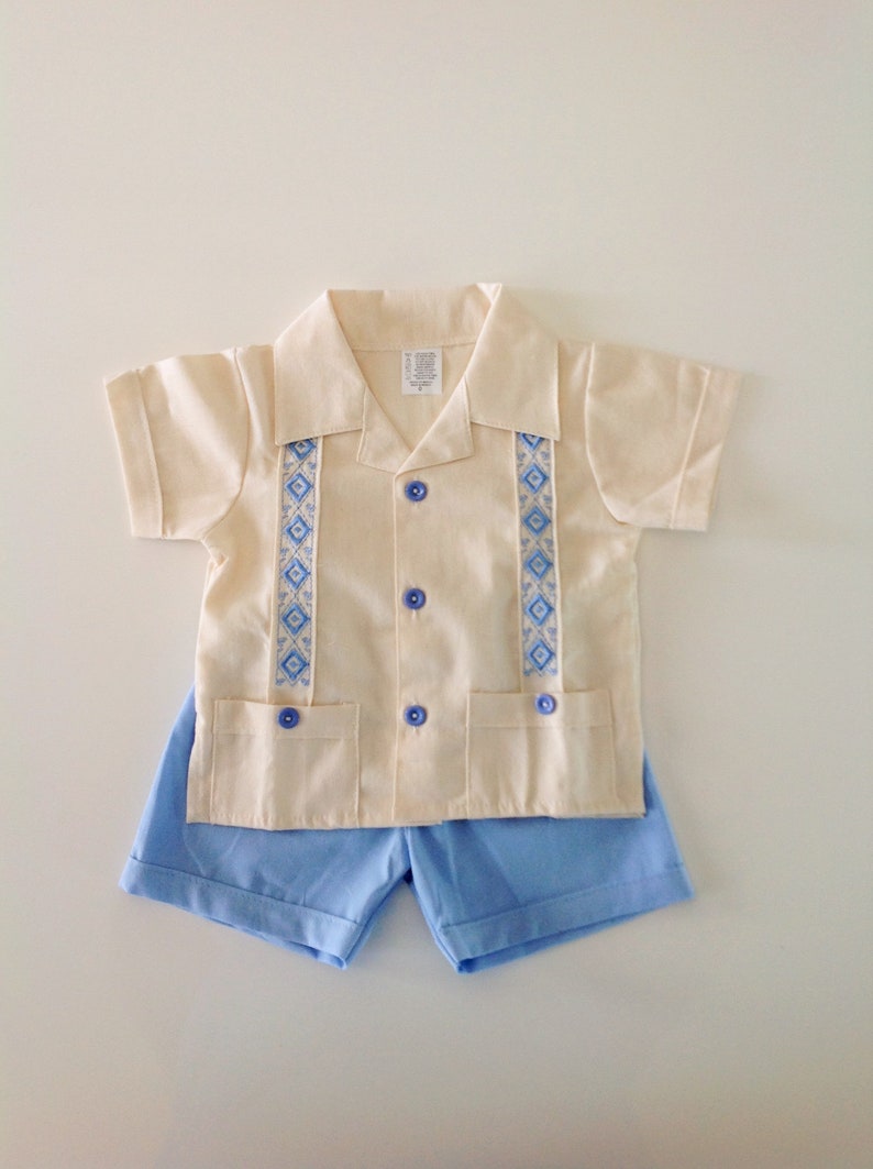 Mexican Baby Toddler Boy Guayabera Outfit Beige and Light Blue Etsy