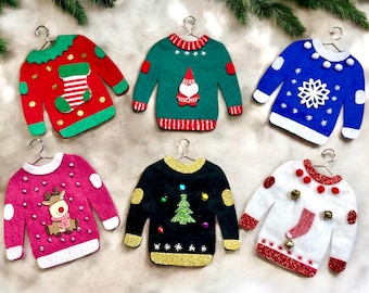 Set of 6 Felt Ugly Sweaters Ornaments Christmas Decorations Christmas Ornaments Made to Order Felt Ornaments Super Cute