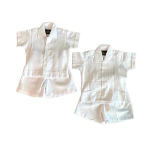 Linen Blend White Guayabera Outfit Mexican Baby Toddler Boy Embroidered Outfit Handmade Shirt and Shorts Set -  2 Styles