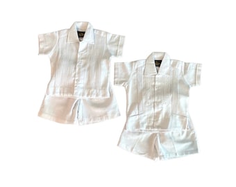 Linen Blend White Guayabera Outfit Mexican Baby Toddler Boy Embroidered Outfit Handmade Shirt and Shorts Set -  2 Styles
