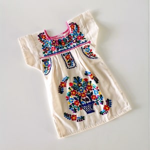 Mexican Baby/Toddler/Girl Dress Embroidered Handmade Different Sizes Tunic Style Hot Pink, Yellow, Royal Blue and Beige Beige
