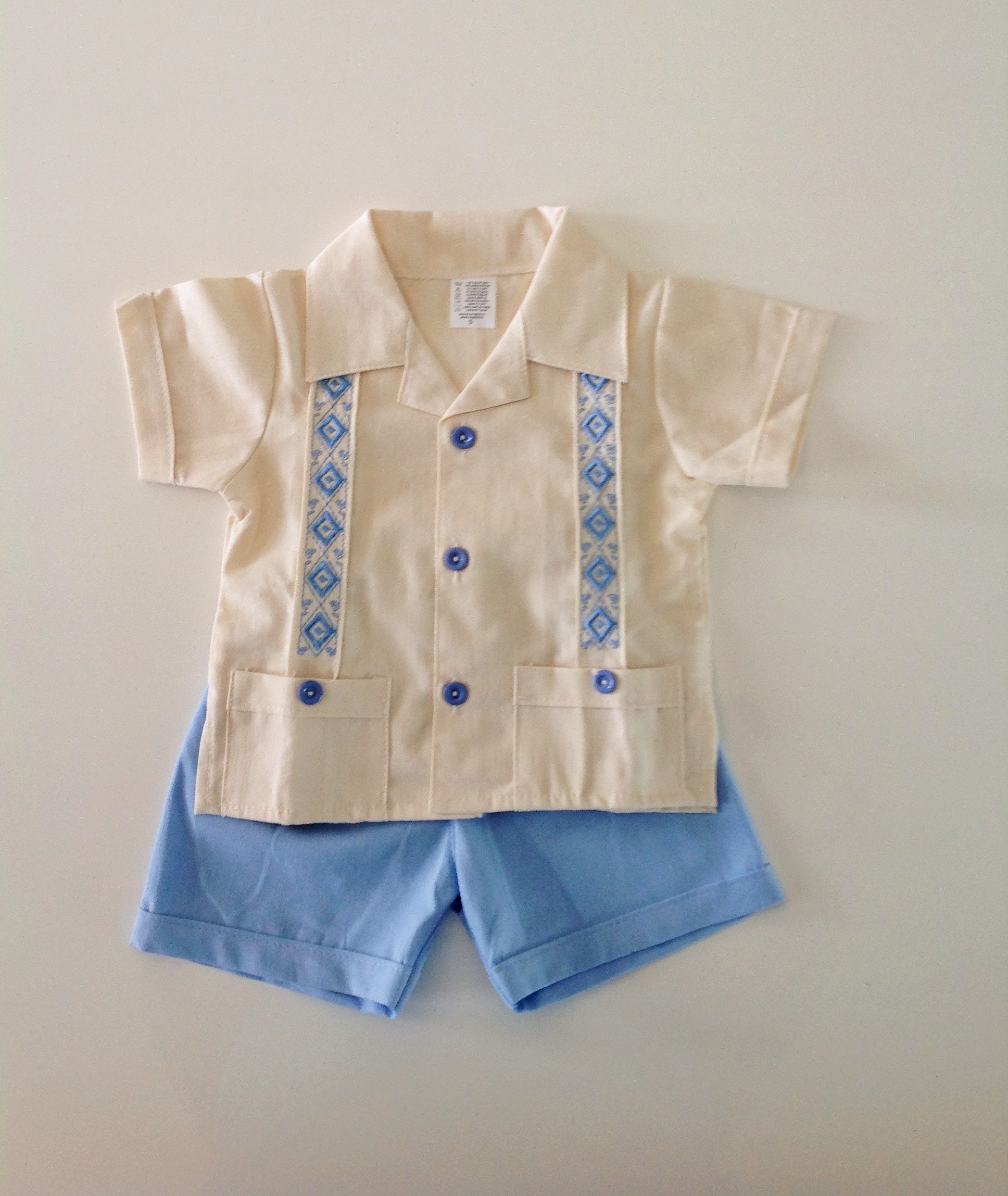 Mexican Baby Toddler Boy Guayabera Outfit Beige and Light Blue