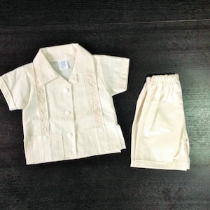 Mexican Baby Toddler Boy Guayabera Outfit Beige Outfit Embroidered Handmade Shirt and Shorts Set Different Sizes