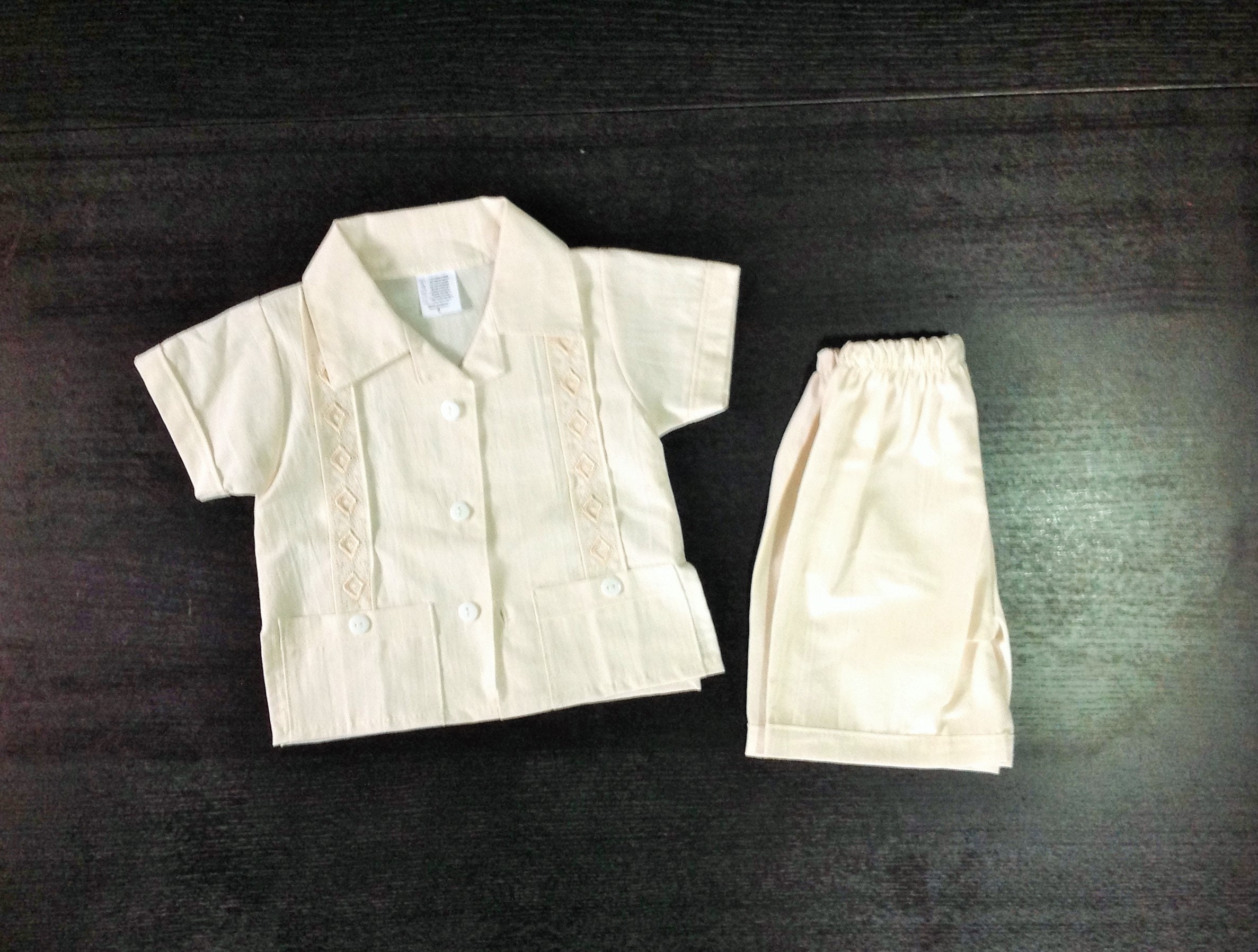 Mexican Baby Toddler Boy Guayabera Outfit Beige Outfit Embroidered Handmade Shirt and Shorts Set Different Sizes
