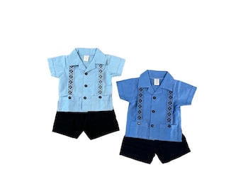 Blue Mexican Baby Toddler Boy Guayabera Outfit 2 Shades of Blue to pick Outfit Embroidered Handmade Shirt and Shorts Set