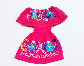 Vestido Bebe Mexicano Rosa Fuerte Bordado Hecho A Mano Diferentes Tallas Fucsia