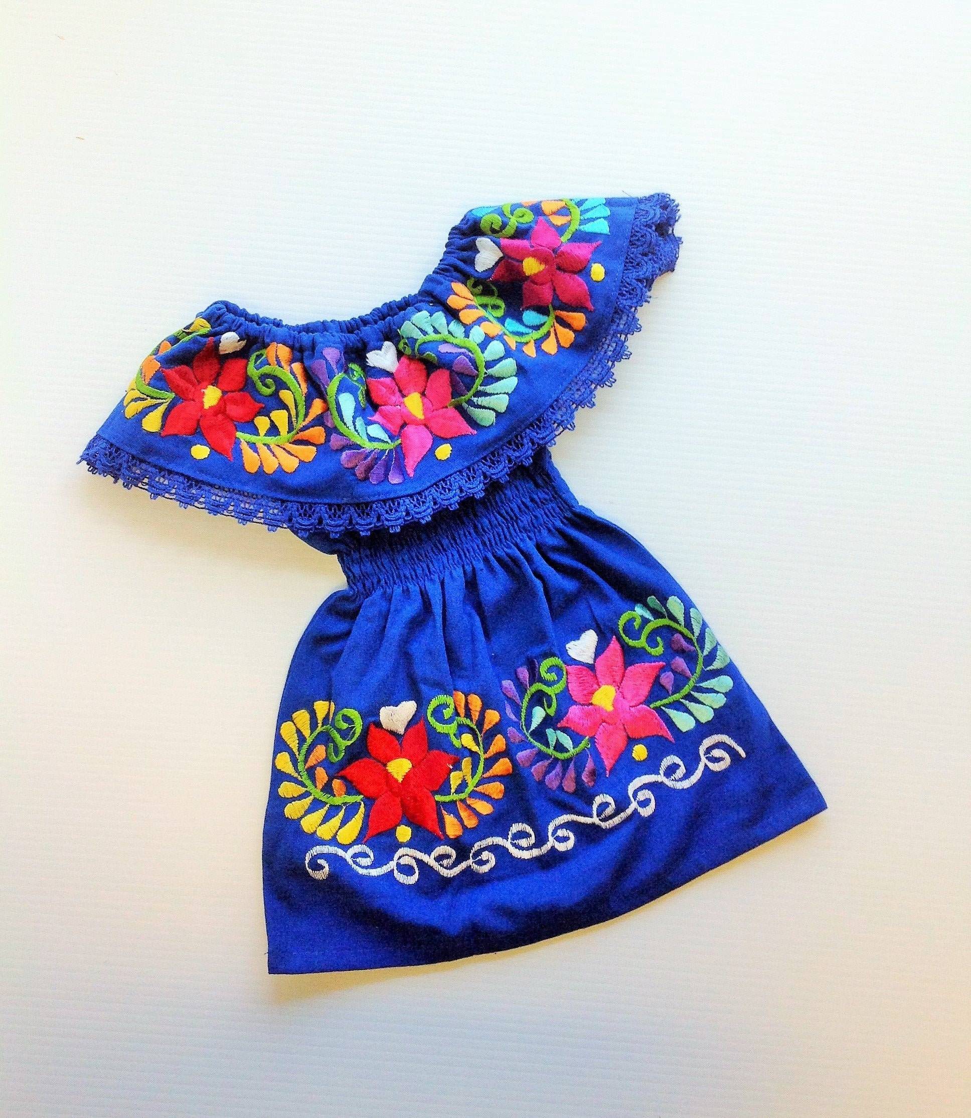 Vestido Azul Mexicano Para Bebe Niña Bordado Hecho A Mano Diferentes Tallas
