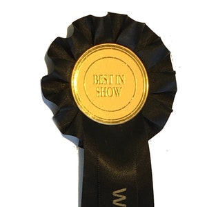 Rosette, award ribbon. 1 tier 9 cm (3.5") with lots of centre choices. For shows, event,  birthday.  Customisable & can be Personalised