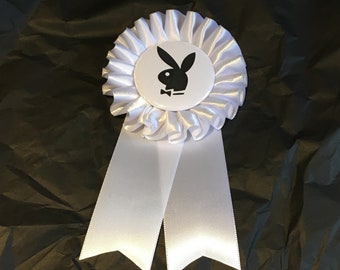 Playboy Bunny Rosette with black or white  logo , "BUNNY" or personalised with your name. FREEPOST