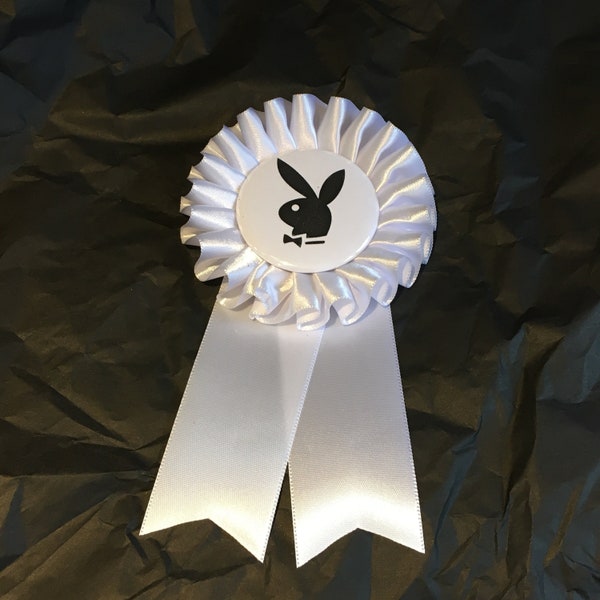 Playboy Bunny Rosette with black or white  logo , "BUNNY" or personalised with your name. FREEPOST