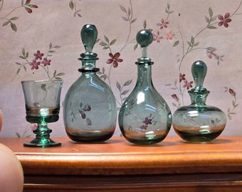 3 green glass bottles and glass for dollhouse decoration or collect small glass bottles.