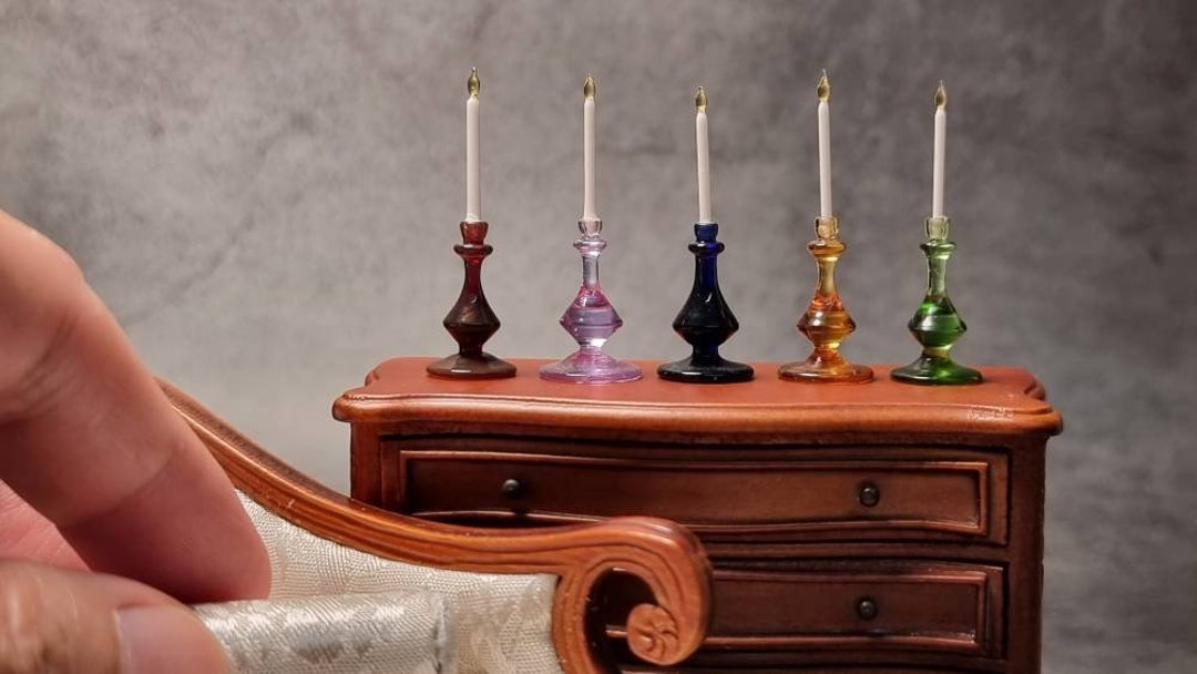 5 Colored Glass Candlesticks for Dollhouse Decoration or as a Small