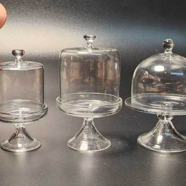 Glass cake dome and cover glass and stand for dollhouse decoration or as a small glass collectible miniature