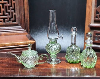 Dollhouse Miniature green glass lamp, bottles, teapot for decorating doll houses or collection miniature small glasses
