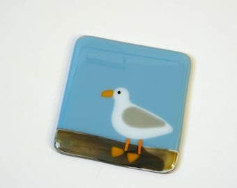 Seagull coaster, fused glass coaster, fused glass seagull, sea bird seaside, coast bird, beach, gift for her, stained glass art, home decor