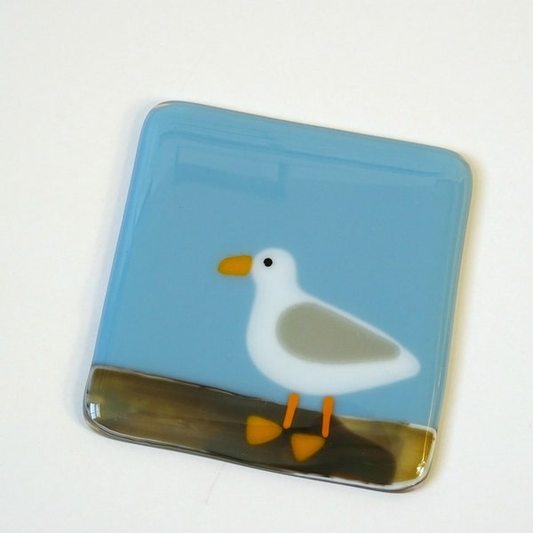 Seagull coaster, fused glass coaster, fused glass seagull, sea bird seaside, coast bird, beach, gift for her, stained glass art, home decor