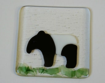 Tapir coaster, fused glass coaster, fused glass malaian tapir, gift for her, stained glass art, home decor, black and white decoration