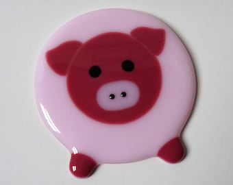 Pig coaster, fused glass coaster, drinks mat, fused glass pig, gift for her, stained glass art, home decor, Mother&#39;s Day gift, Valentines